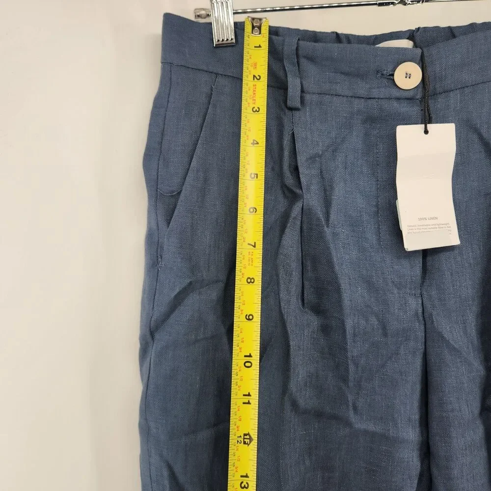 MNG Mango Women's Size 6 Blue Pleated‎ Detail Straight Fit Linen Pants NWT